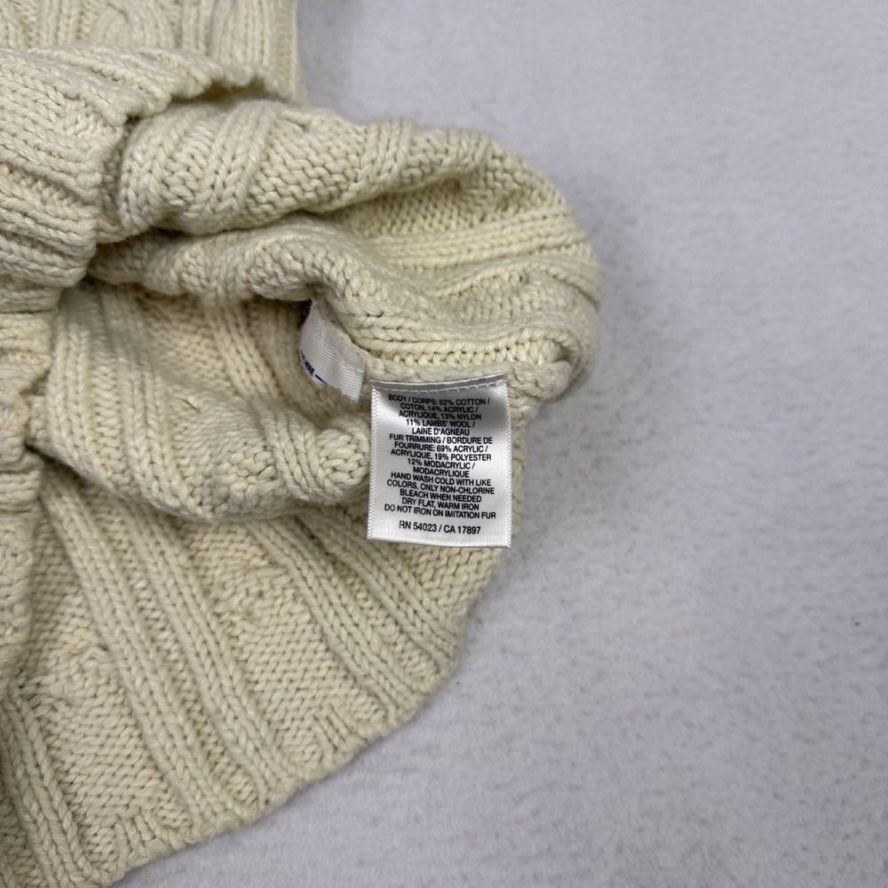 Vintage Old Navy Women M Cream Cable Knit Toggle Hoodie Faux Fur Trim - Picture 8 of 9